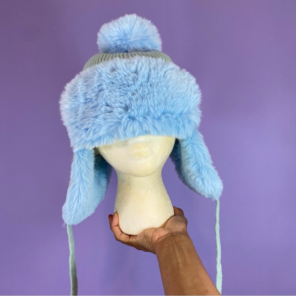 Blue Plush Wool Ball Knitted Hat